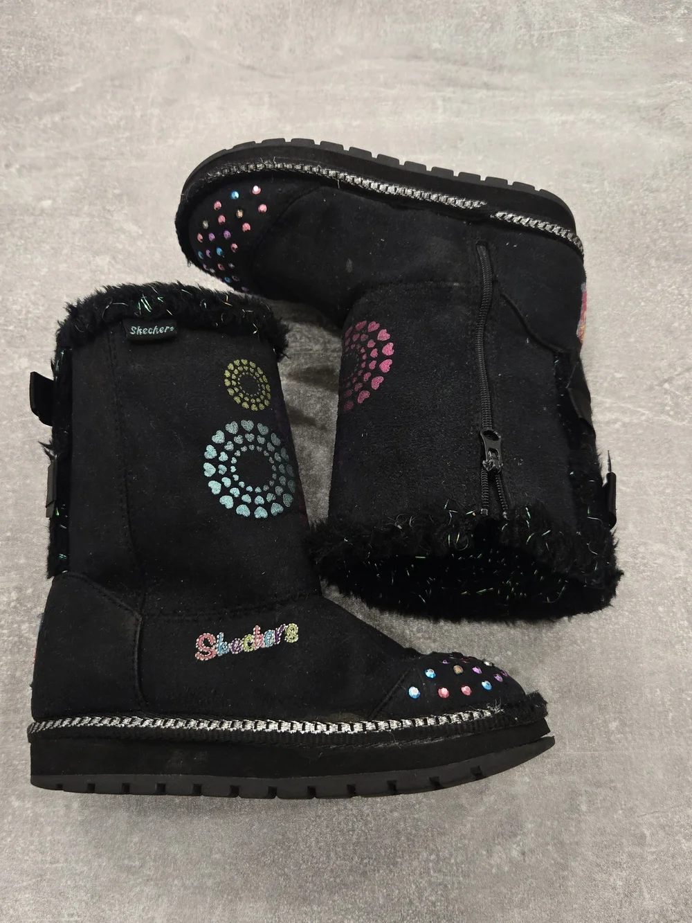 Kids Black Winter Boots with Multicolor Heart & Dot Accents
